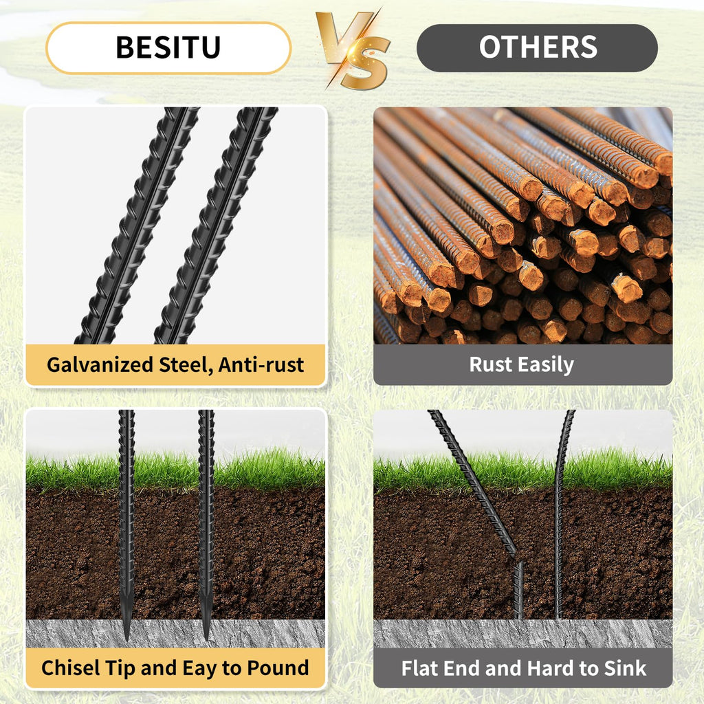 Besitu Rebar Stakes 48 inches 16-Pack Concrete Form Stakes Straight 3/8" Diameter Rebar Ground Metal Stakes for Landscaping, Securing Fence, Garden Plants Support, Survey Markers and Securing Trees