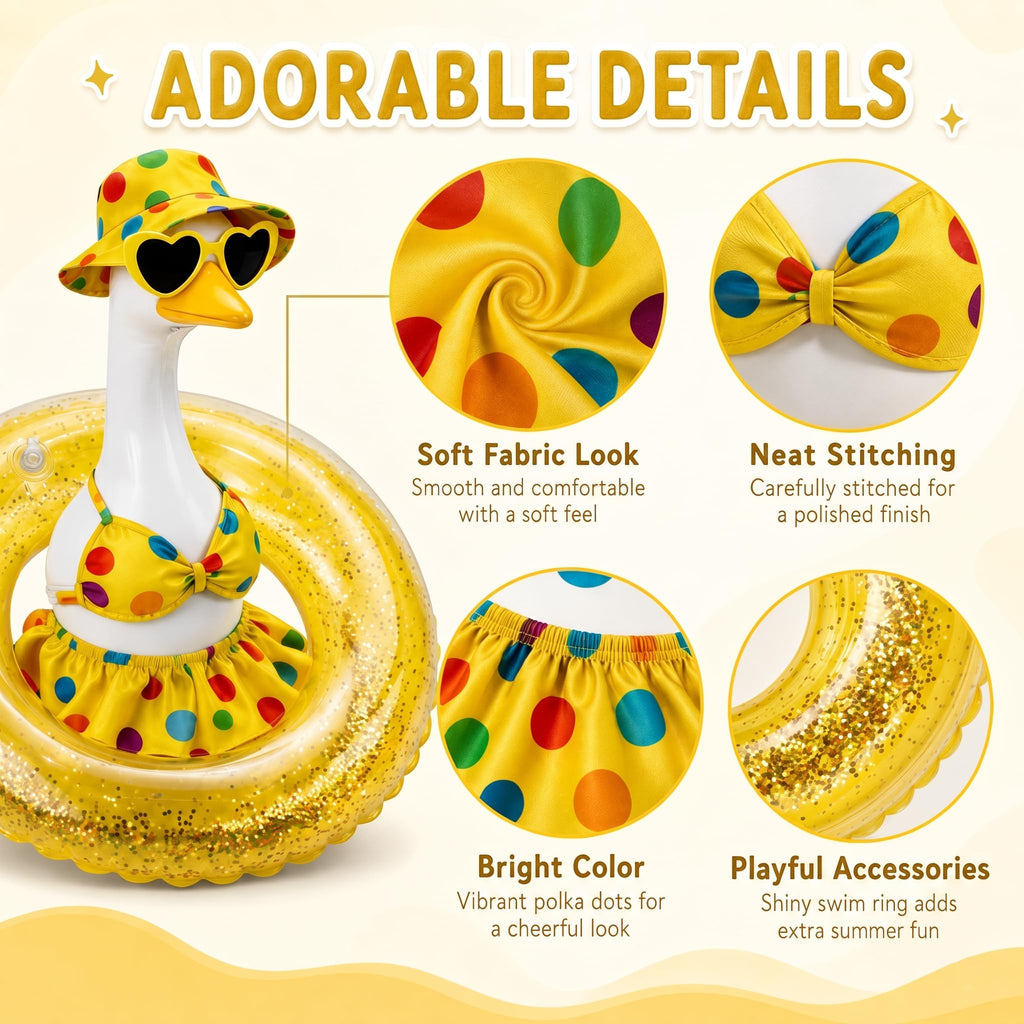 DaGailen Summer Porch Goose Outfits 23 Inch, Yellow Polka Dot Porch Goose Bikini with Swim Ring, Sun Hat Heart Sunglasses Porch Goose Accessories for Yard Garden Patio Decor