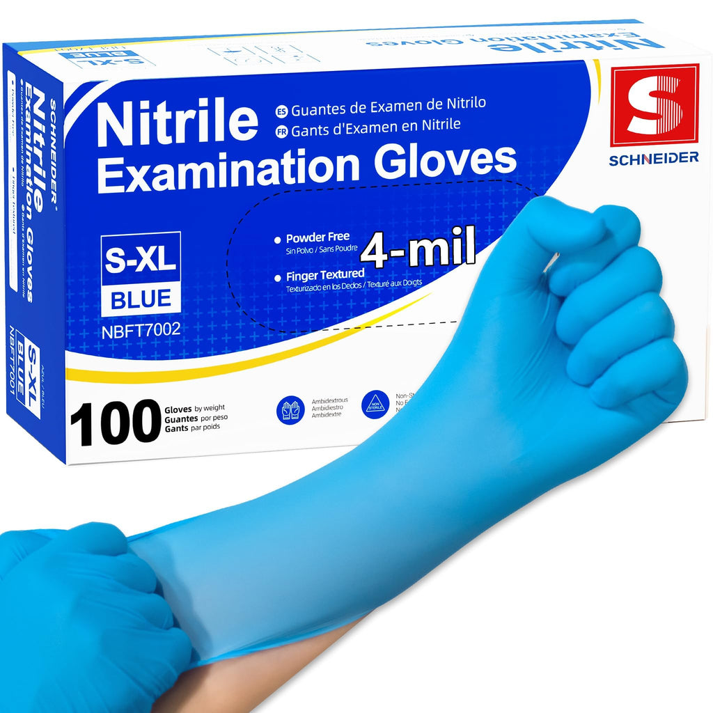 Schneider Mdeical Nitrile Exam Gloves, 4 mil, Powder-Free, Latex-Free, Non-Sterile Disposable Gloves for Medical Exams, Cleaning and Food Prep, Blue, 100 Count, Medium