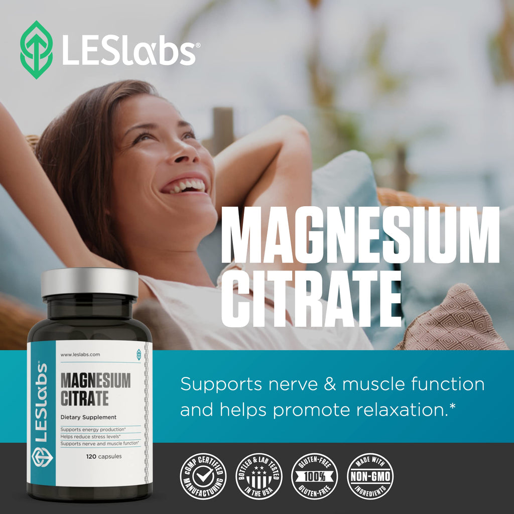 LES Labs Magnesium Citrate – Stress Relief, Restful Sleep, Heart Health, Metabolism, Nerve & Muscle Function – Non-GMO Supplement – 120 Capsules (Pack of 2)