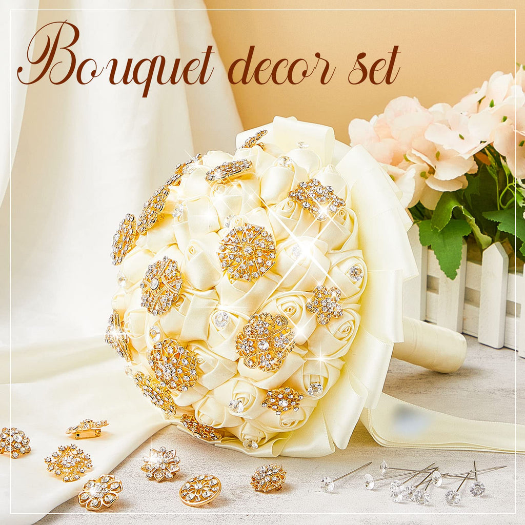 Kigeli 124 Pcs Rhinestone Bouquet Brooches Pins for Bridal Wedding,Gold