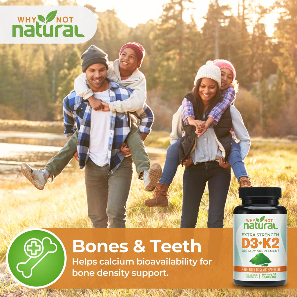 Why Not Natural Vitamin D3 K2 (MK-7) with Organic Spirulina, 10000 IU Extra Strength Supplement in Veggie Capsules, Supports Bone Health, Immune System and Mood
