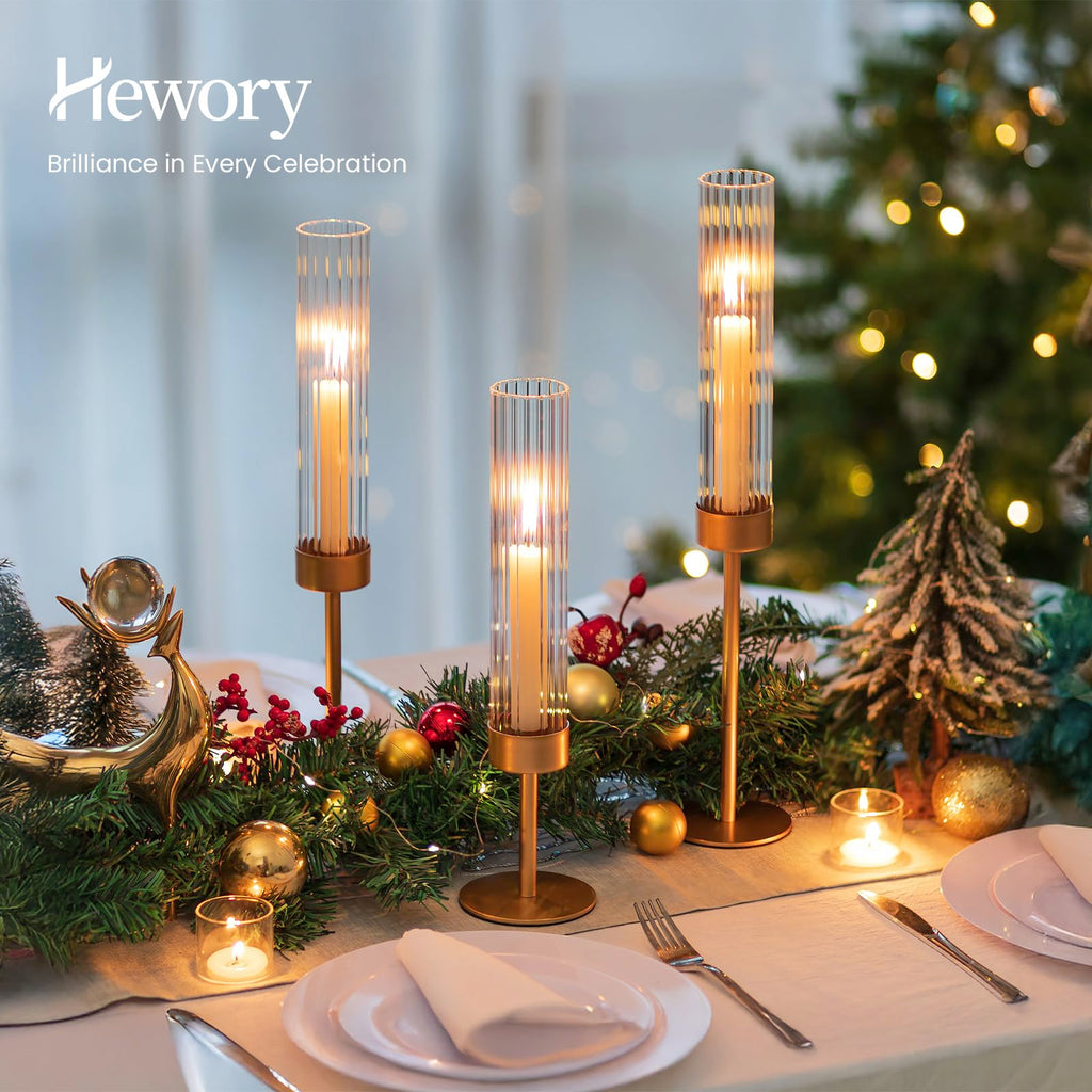 Hewory Gold Hurricane Candle Holder: 3PCS Candlestick Holders for Decor