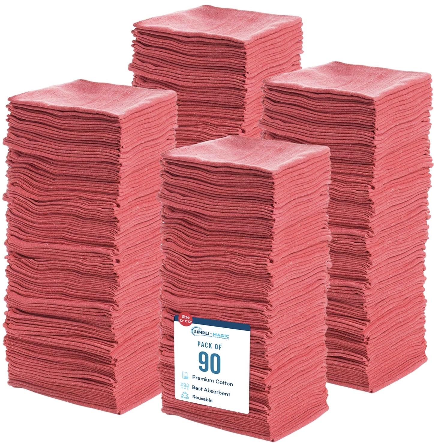 Simpli-Magic Cotton Shop Towels 14"x12" (90 Pack) – Reusable Cleaning Shop Rags for Automobiles, Industries, Garage and Homes (Red)