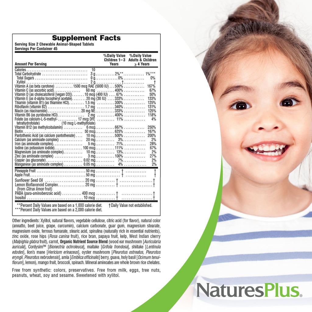 NaturesPlus Animal Parade Sugar-Free Children's Multivitamin - Assorted Cherry, Grape & Orange Flavors - Pack of 2, 90 Chewable Tablets - 90 Total Servings