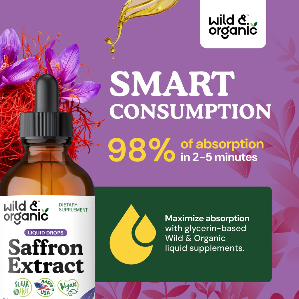 Wild & Organic Saffron Supplements 88.5 mg - 5-Month Supply - Saffron Extract Drops for Mood, Focus, Eye Support - Crocus Sativus Liquid Extract - Vegan, Alcohol & Sugar-Free Tincture - 4 fl oz