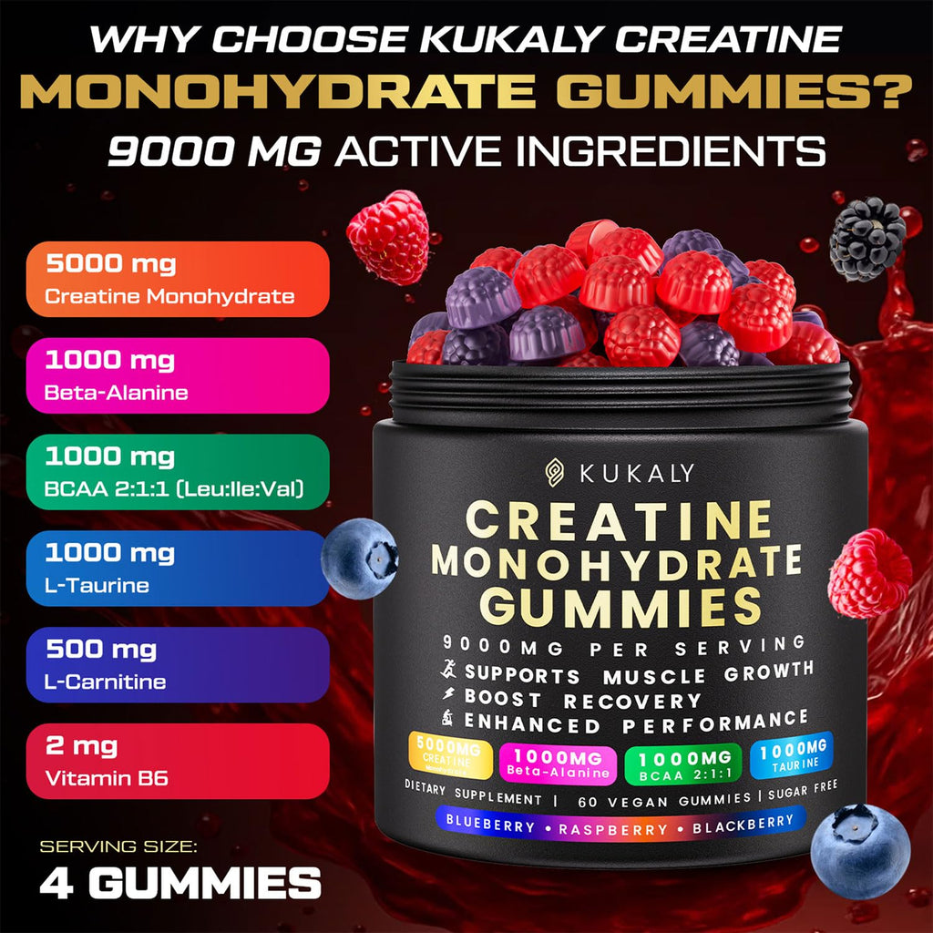 kukaly Creatine Monohydrate Gummies for Men & Women, 9000MG Creatine Gummies Sugar Free - Mixed Flavored with L-Taurine, BCAA 2:1, B12 B6 for Boost Strength, Focus & Endurance, Vegan, Non-GMO, 60pcs