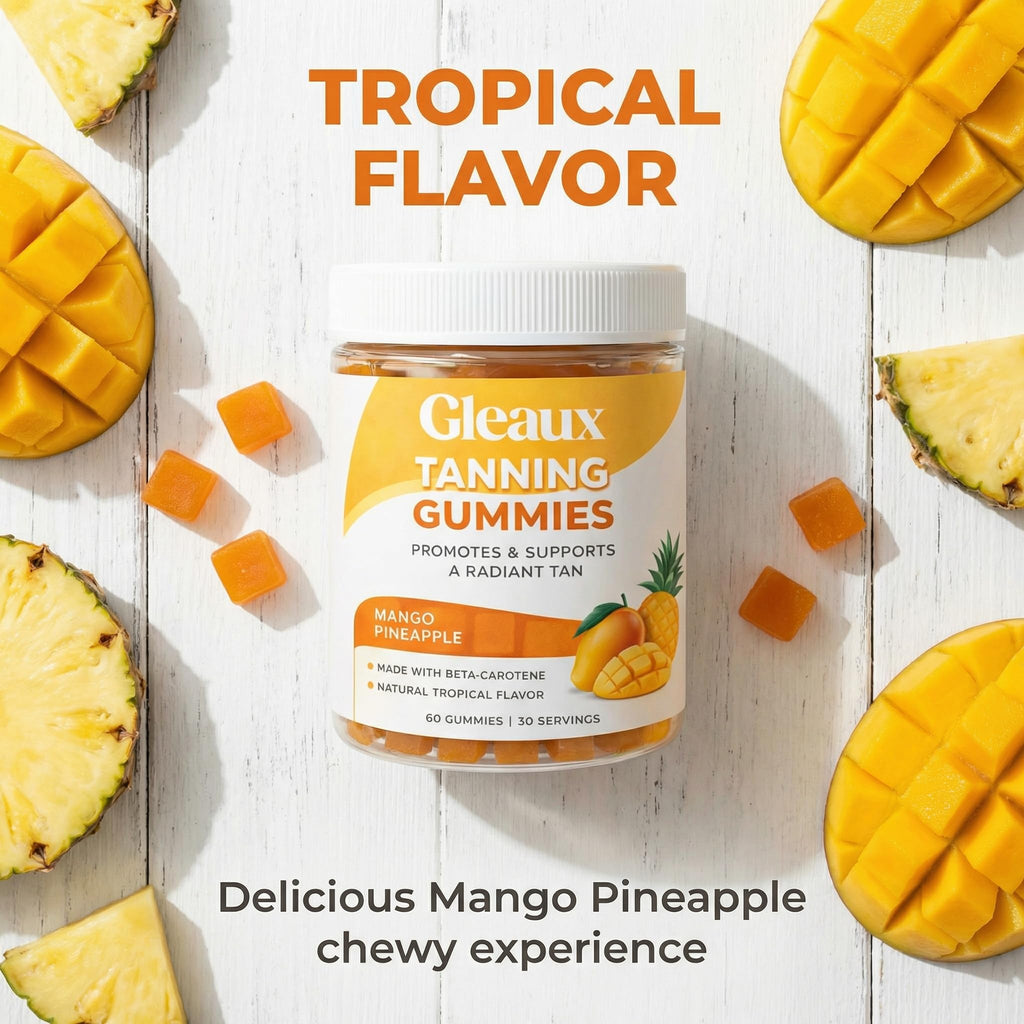 DXWXH Gleaux Tanning Gummies, Tanning Gummies for Women, Sunless Radiance Support with Beta Carotene, Astaxanthin & Lycopene, for Skin Health & Complexion Support, Mango Pineapple Flavor, 60 Gummies