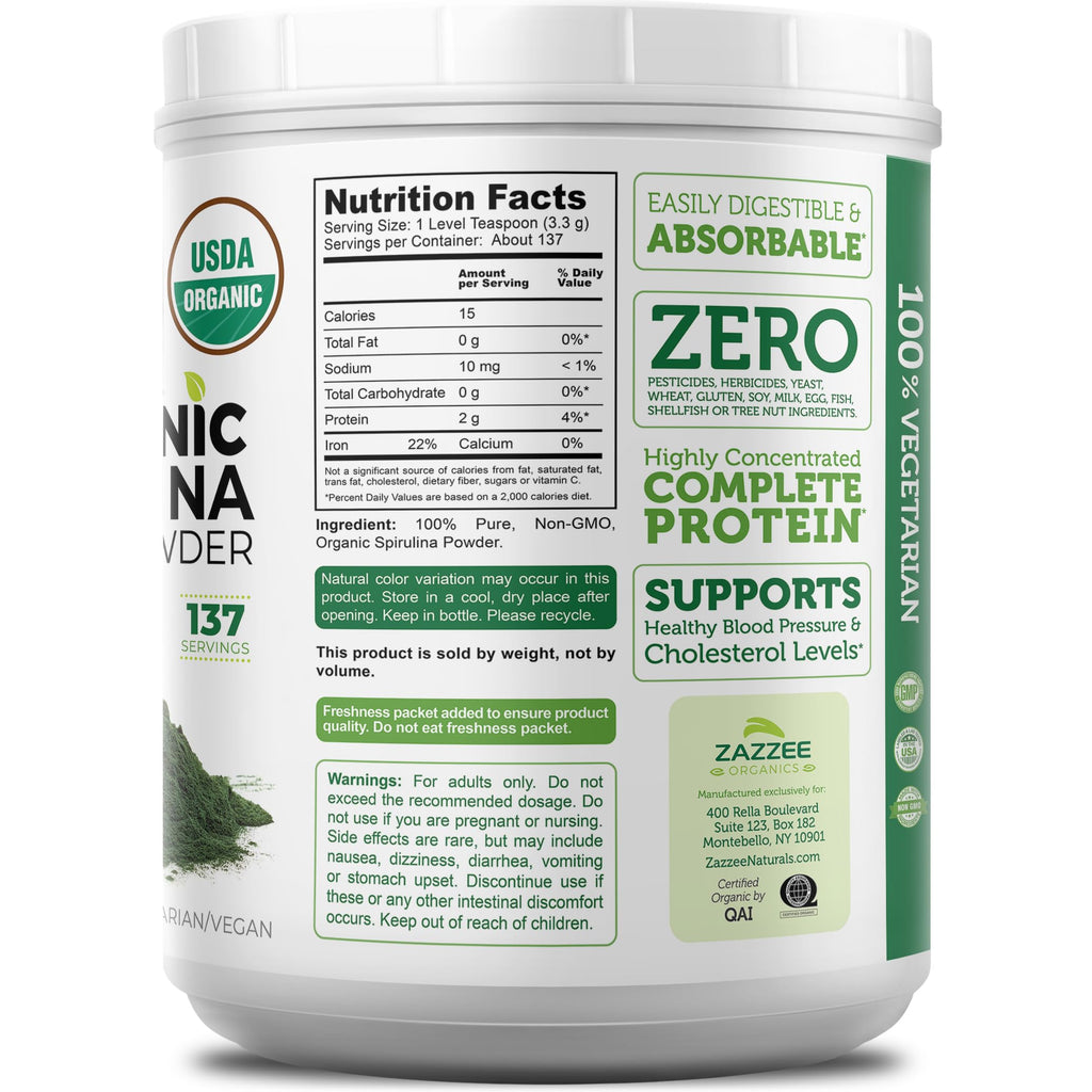 Zazzee USDA Organic Spirulina Powder, 16 Ounces (1 LB), 137 Servings, Certified Kosher, 100% Pure, Non-Irradiated, Mess-Free Wide Mouth Container, Fresh Smell and Neutral Taste, Non-GMO, Made in USA