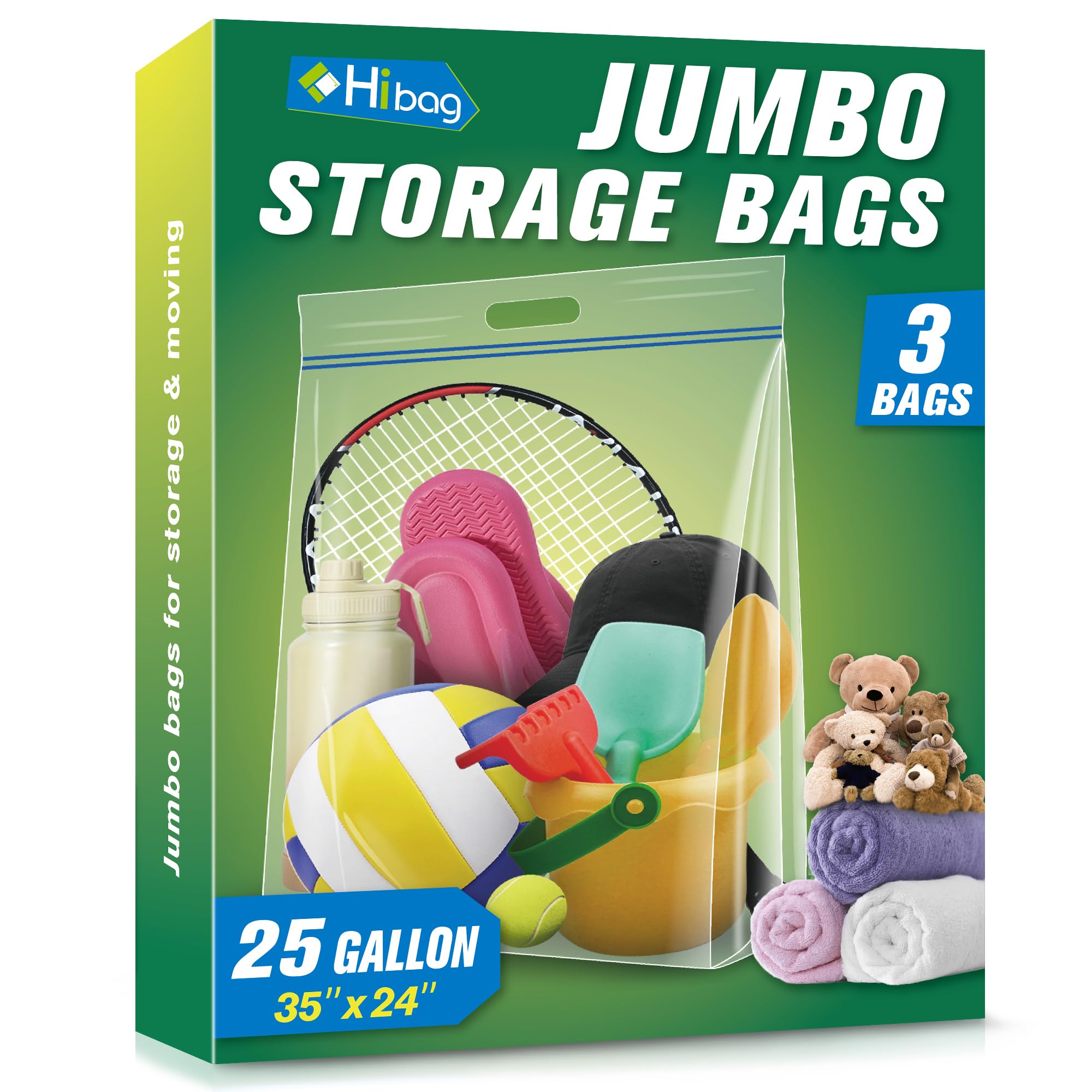 HIBAG 25 Gallon Jumbo Storage Bags, 35” x 24” Resealable Clear Bags with Handle, Extra Large XL Heavy Duty for Clothes Pillow Travel Moving, Pack of 3
