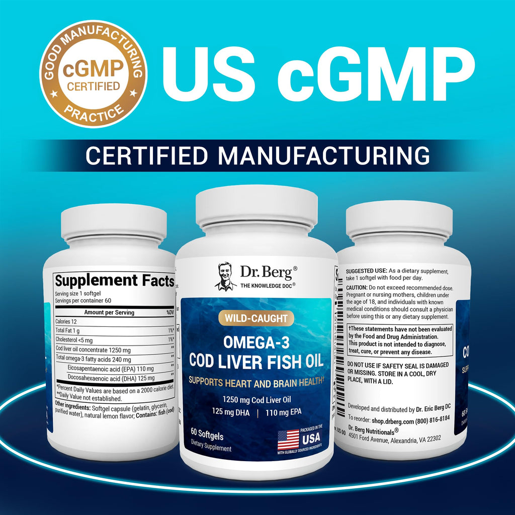 Dr. Berg Omega-3 Cod Liver Fish Oil 60 Softgels – Wild-Caught Icelandic Cod – Omega 3 EPA & DHA – Heart, Brain, Immune & Eye Support* – Lemon Flavor – 4X Lab-Tested – Non-GMO, No Fillers