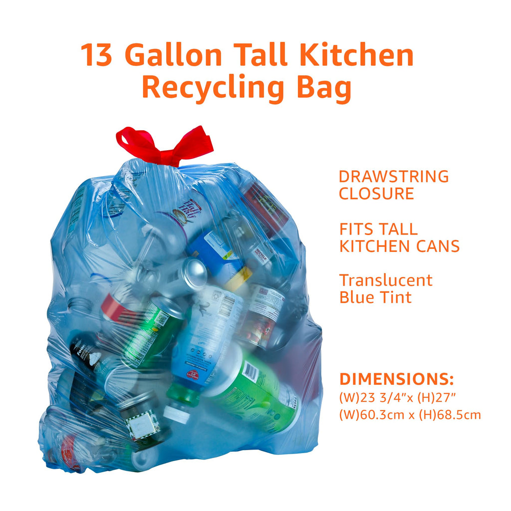 Amazon Basics Blue Recycling Drawstring Trash Bags, Tall Kitchen, Unscented, 13 Gallon, 60 Count (Pack of 6)
