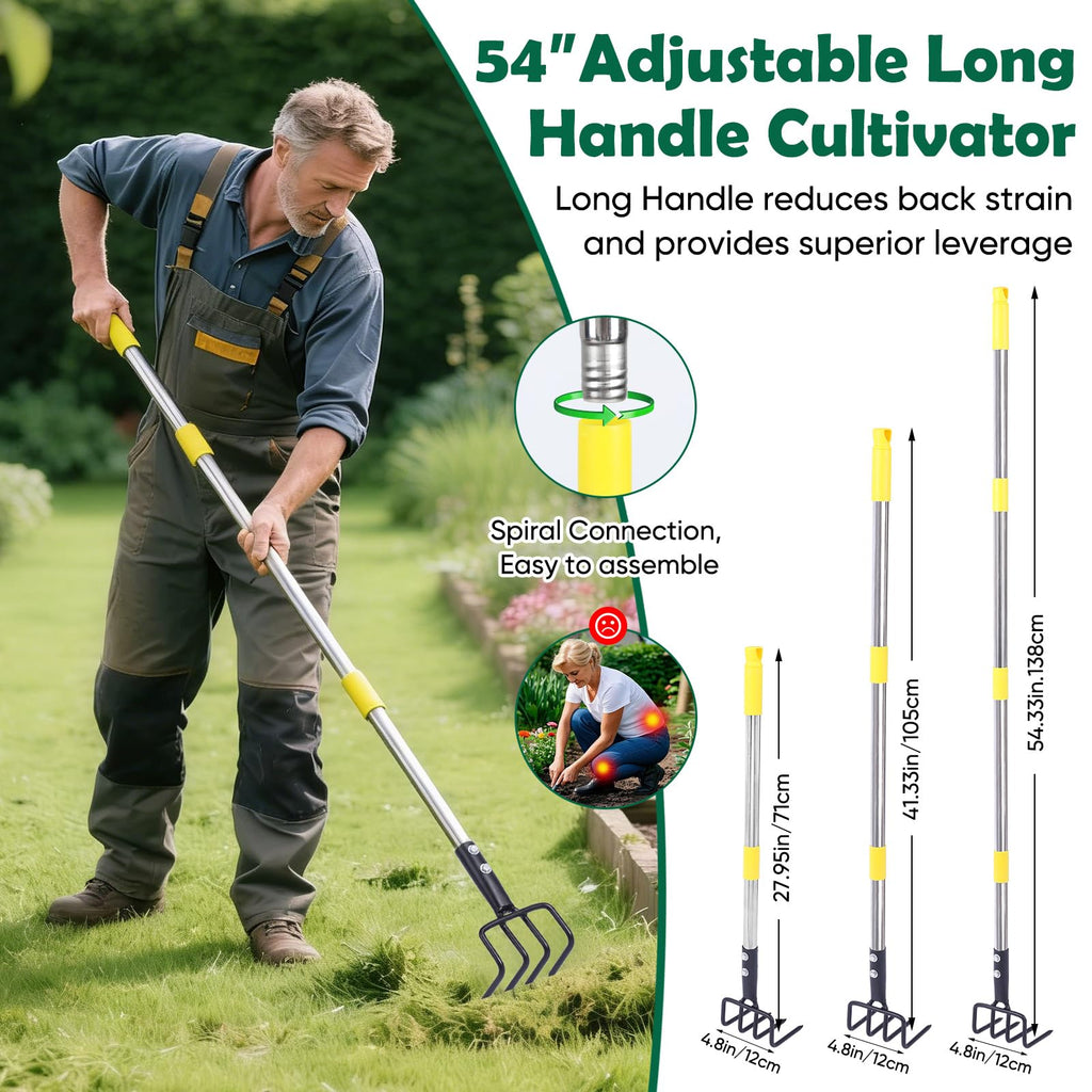 Garden Hand Tiller Cultivator, 4-Tine Adjustable Long Handle