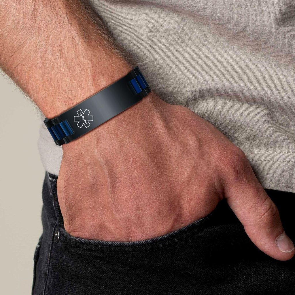 Medical ID Bracelet for Men: Free Engraving Black and Blue Stainless Steel Masculine Watch Band Style Medical Alert Wristband Personalized Medic ID Bracelet Jewelry