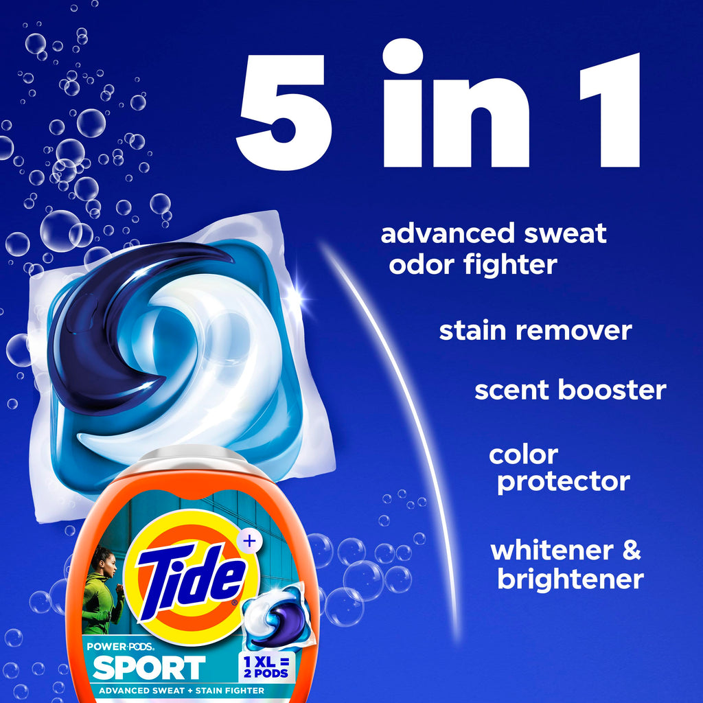 Tide Power Pods Sport Laundry Detergent Pacs, 45 Count, Advanced Sweat + Stain Fighter, laundry soap detergent pacs