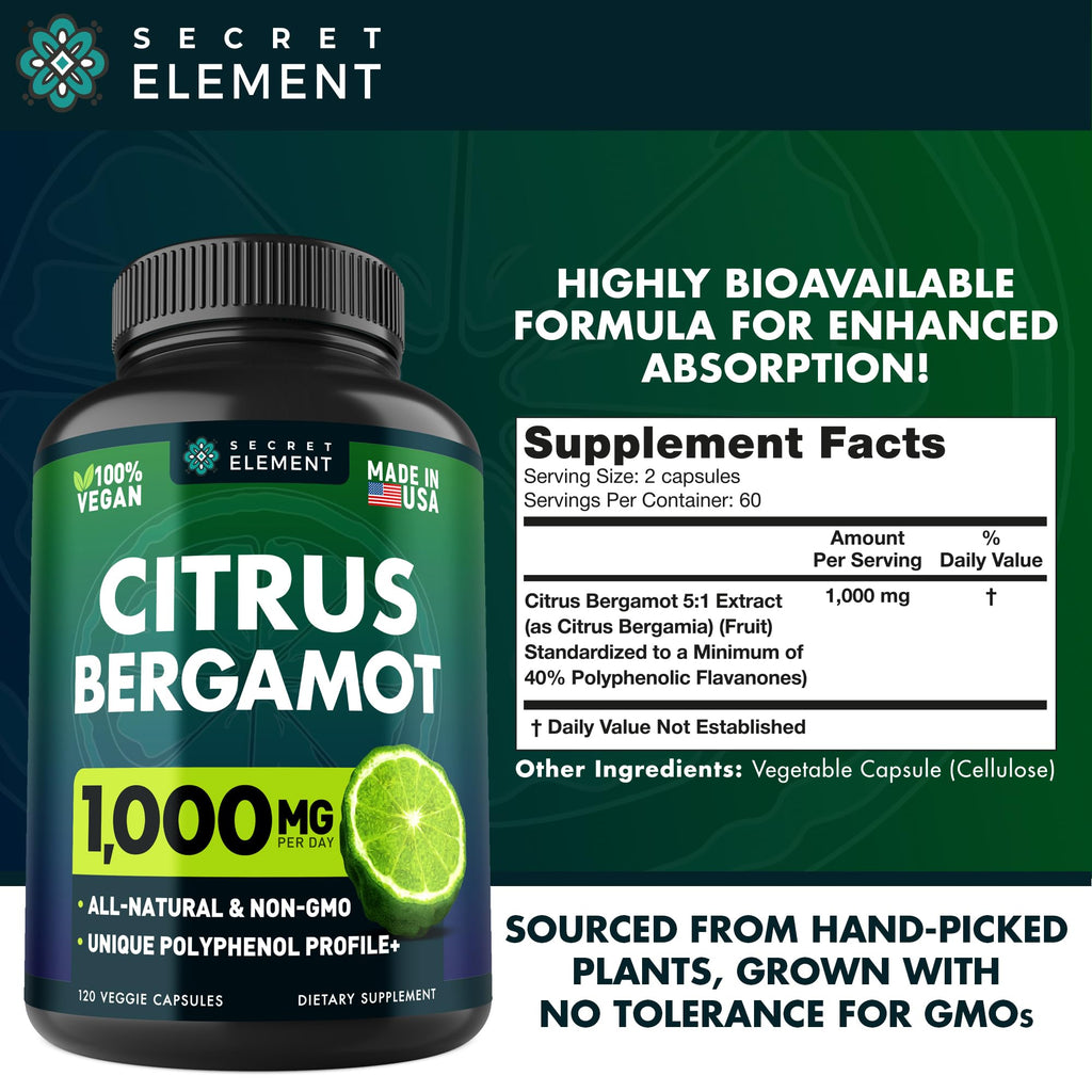 Secret Element Citrus Bergamot Extract 1000mg - Citrus Bergamot Supplement for Heart, Immune System Support, and Healthy Aging - Pure, Vegan Bergamot Capsules
