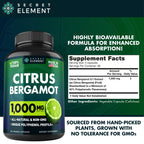 Secret Element Citrus Bergamot Extract 1000mg - Citrus Bergamot Supplement for Heart, Immune System Support, and Healthy Aging - Pure, Vegan Bergamot Capsules