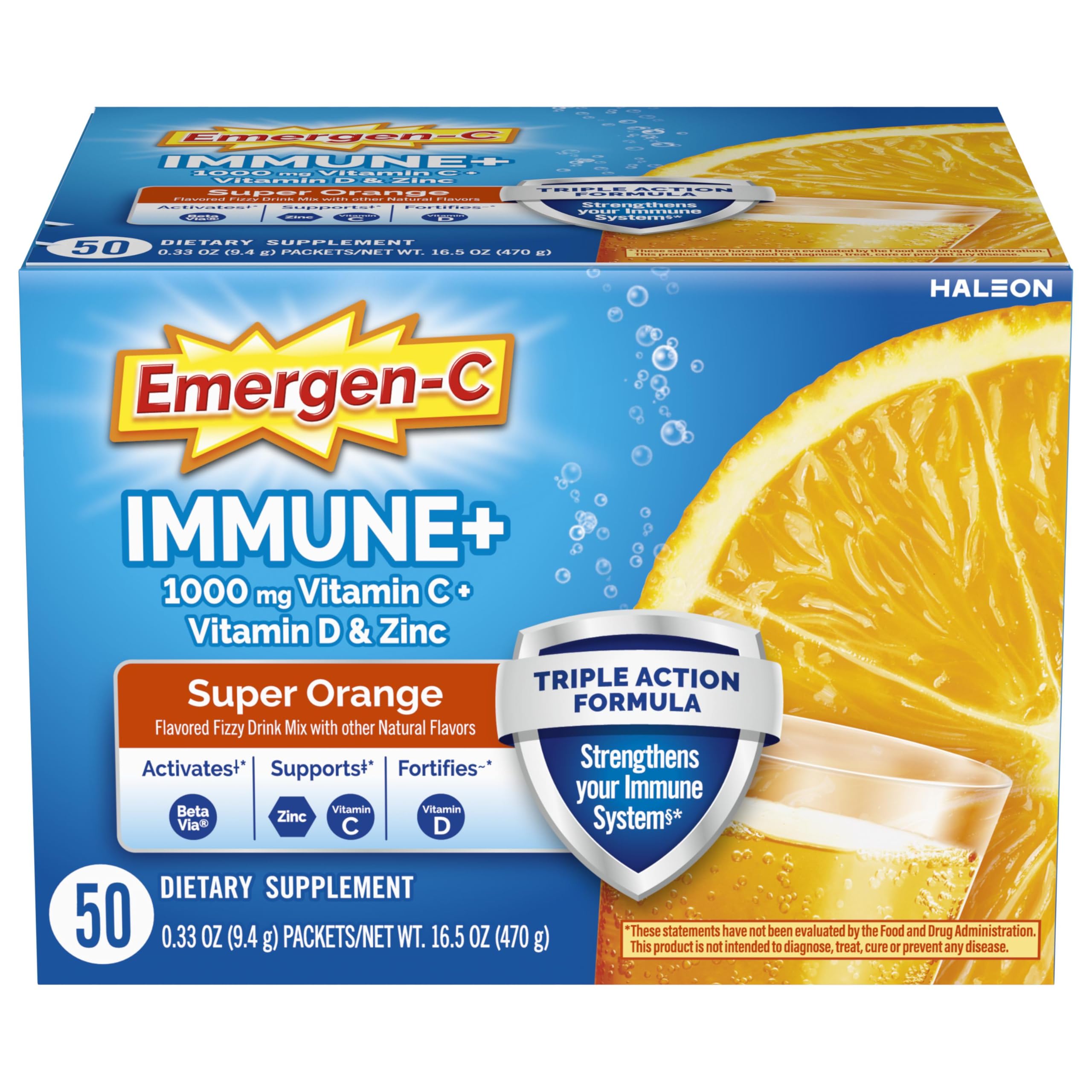 Emergen-C Immune+ Triple Action Immune Support Powder, BetaVia (R), 1000mg Vitamin C, B Vitamins, Vitamin D and Antioxidants, Super Orange, Back to School Essentials – 50 Count
