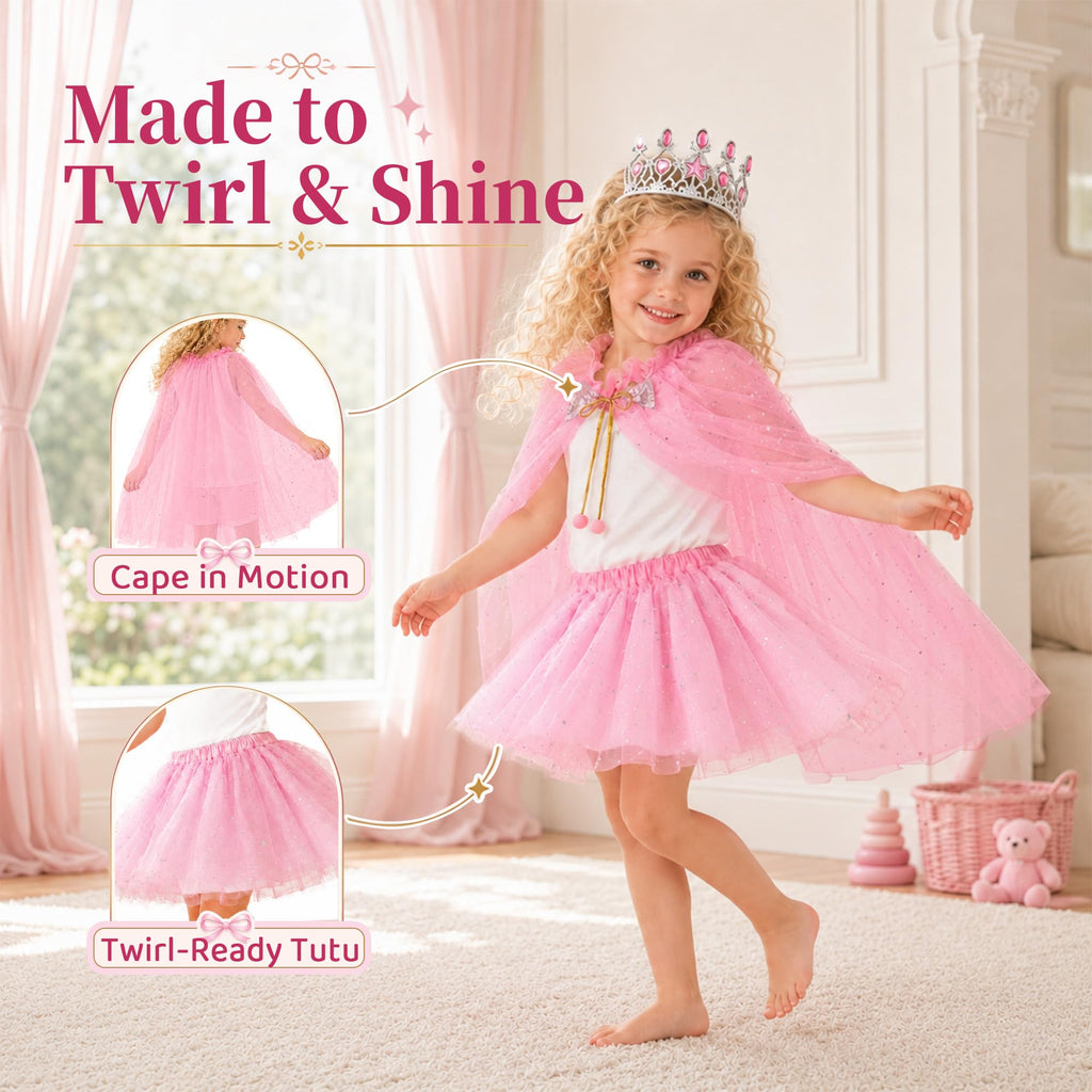 Meland Princess Dress Up for Girls 3-8, Princess Cape with Crown & Tutu Skirt, Birthday Gift for Girls 3 4 5 6 7 8 Years Old, Toys for Toddler Kids Pretend Play, Halloween Costume, Christmas, Party
