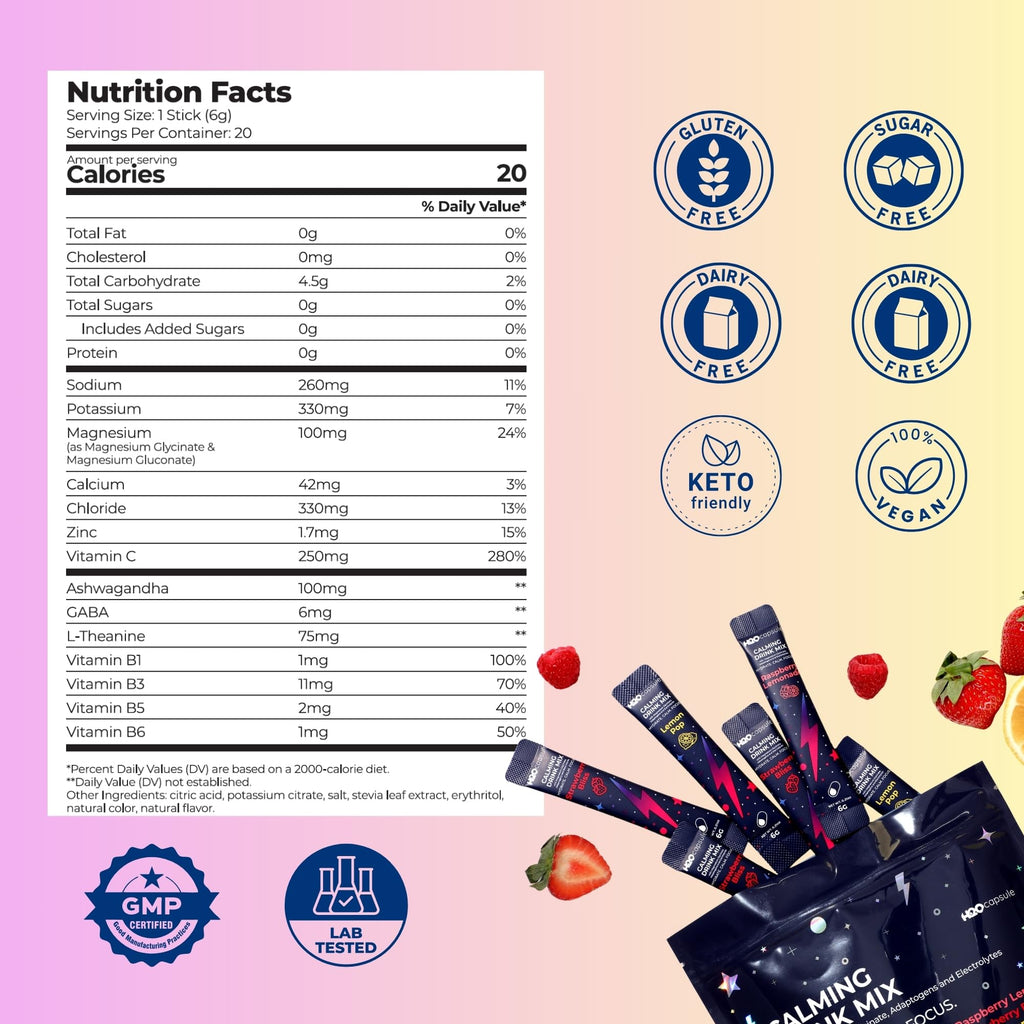 Calm Magnesium Glycinate Powdered Drink Mix with Electrolytes – Sugar Free with Ashwagandha, L-Theanine, Vitamin B 6&GABA – Cortisol Support, Stress Relief, Hydration & Focus - 20 servings (Raspberry)