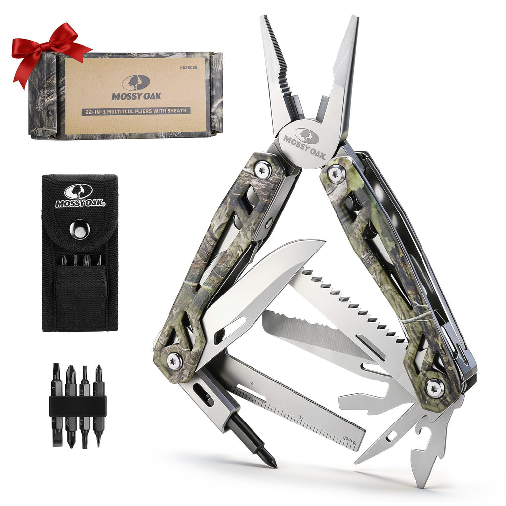 MOSSY OAK Multitool, 22-in-1 Stainless Steel Pliers with Screwdriver Sleeve, Camo Steel Handle, Self-locking Knife with Sheath-Perfect for Outdoor, Survival, Camping, Hiking, Simple Repair