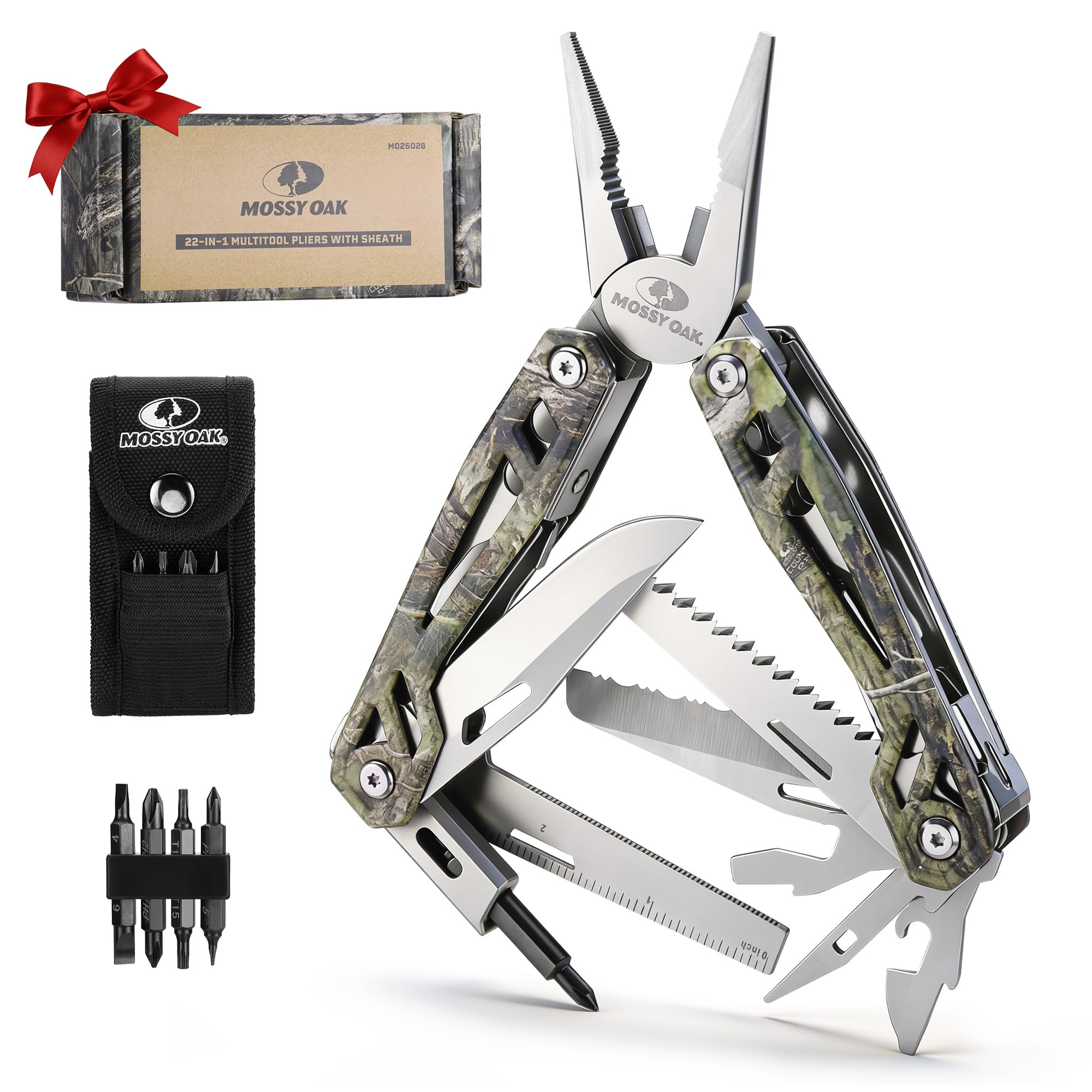 MOSSY OAK Multitool, 22-in-1 Stainless Steel Pliers with Screwdriver Sleeve, Camo Steel Handle, Self-locking Knife with Sheath-Perfect for Outdoor, Survival, Camping, Hiking, Simple Repair