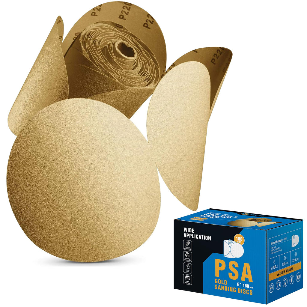S SATC 100 PCS PSA Sanding Discs 6 Inch Adhesive Backed Sandpaper 220 Grit Sander Attachment for Drill Self Stick Aluminum Oxide Round Automotive Sandpaper with Sticky Back