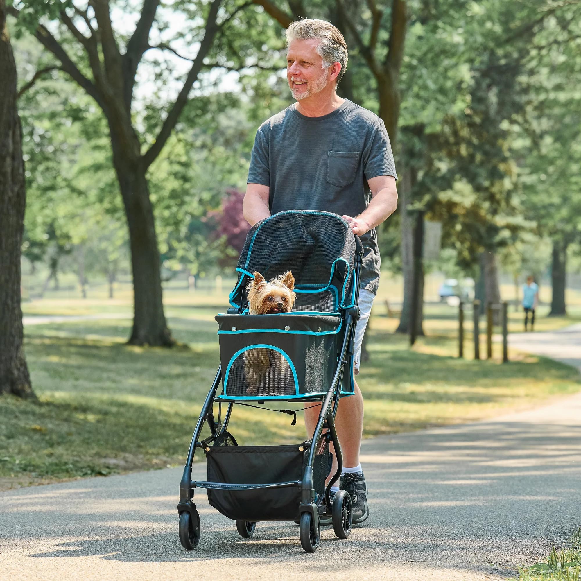 Carlson Pet Stroller, Includes 360 Degree Front Wheel Swivel, Rear Wheel Breaks, Reflective Trim, Mesh Panels, Umbrella and Mesh Canopy, Folds Easily to a Fraction of its Size,Black
