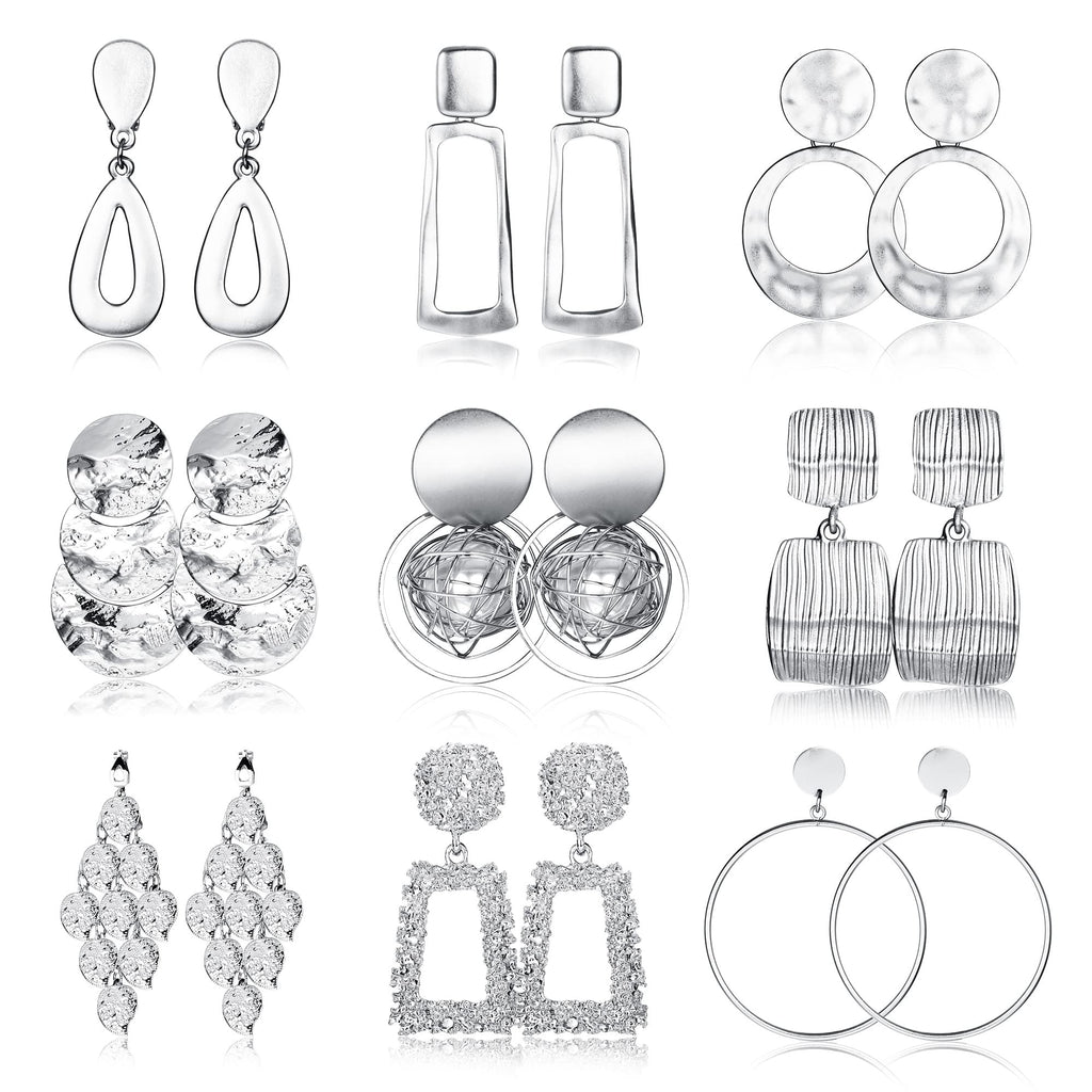 Subiceto 9 Pairs Silver Plated Clip on Earrings for Women Statement Clip On Earrings Large Geometric Square Rectangle Round Clip Dangle Earrings Non Pierced Earrings Set
