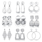Subiceto 9 Pairs Silver Plated Clip on Earrings for Women Statement Clip On Earrings Large Geometric Square Rectangle Round Clip Dangle Earrings Non Pierced Earrings Set