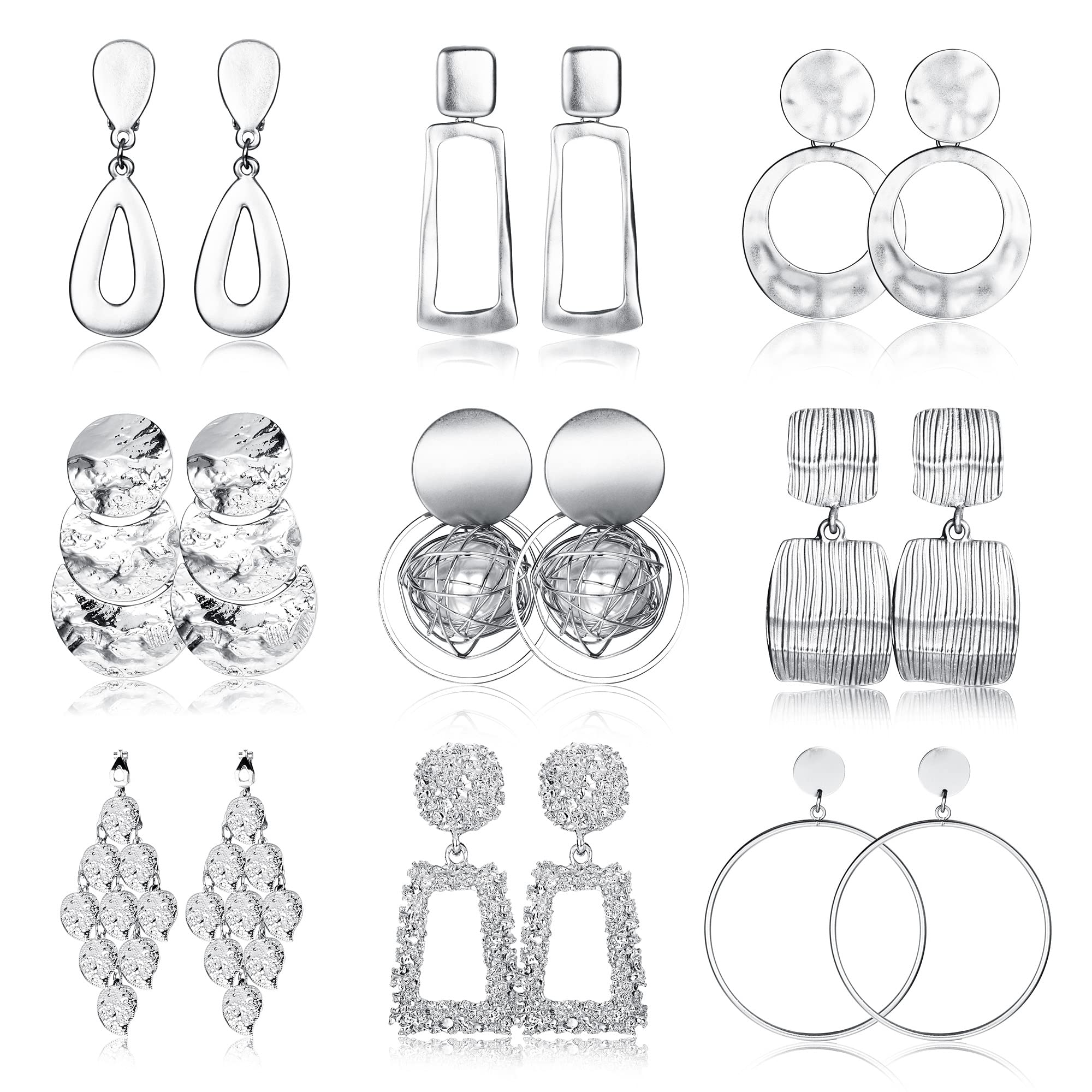 Subiceto 9 Pairs Silver Plated Clip on Earrings for Women Statement Clip On Earrings Large Geometric Square Rectangle Round Clip Dangle Earrings Non Pierced Earrings Set