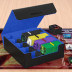 Mlikero Card Deck Case, 2400+ Trading Card Storage Box with 10 Colorful Dividers and 4 Foam Stoppers, Leather Magnetic Closure Commander Deck Box Fit for MTG, TCG (4 Rows, Black&Blue)