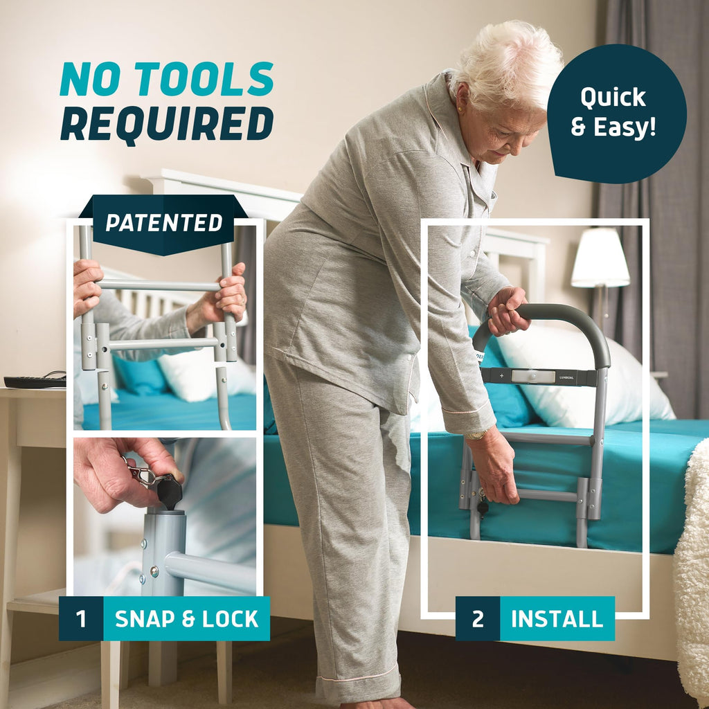 Lunderg Bed Assist Rail for Seniors with Motion-Activated Light & Non-Slip Grab Bar - Easy to Install Bed Rails for Elderly Adults Safety & Post-Surgery - Helps Reduce Falls & Support Independence