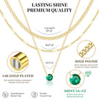 WomenGifts May Created Emerald (Deep Green) Layered Necklace Set, 14K Gold Plated Birthstone Pendant with Choker Cuban Link & Satellite Chain, Personalized Jewelry Gift