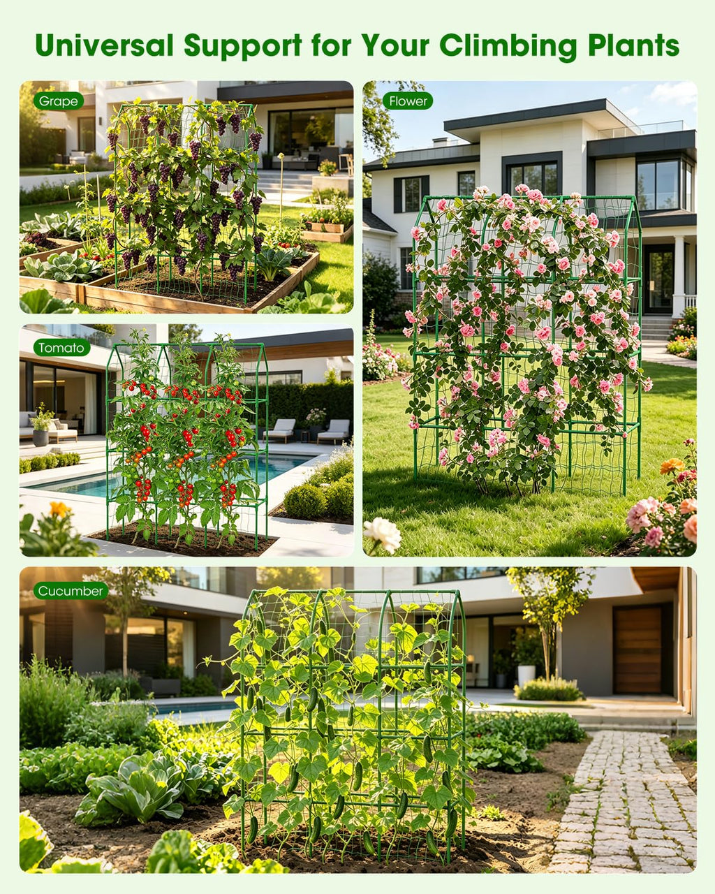 65" Cucumber Trellis for Climbing Plants Outdoor, Metal Garden Trellis for Raised Bed, Plant Support Structures with Netting for Cucumbers Tomatoes Beans Peas (50 * 17 * 65inch(L*W*H), Trellis)