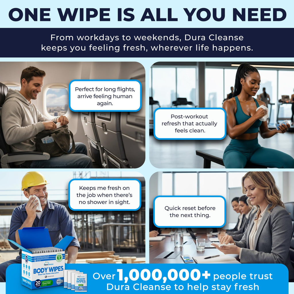 Body Wipes for Adults Bathing No Rinse - 20 Count Travel Shower Wipes - 10 x 11.5" Individually Wrapped Thick Cleansing Waterless Wash Scrubs - Disposable Washcloths for Camping & Elderly Incontinence