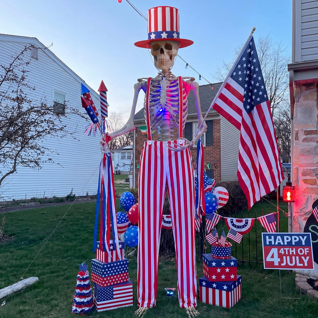 Funnysoft 4th of July 12ft Skeleton Outfits, Patriotic Giant Skeleton Costume with USA Star Pattern Hat, Independence Day White Red Striped Overalls for Garden Lawn Decor 250th Anniversary Celebration