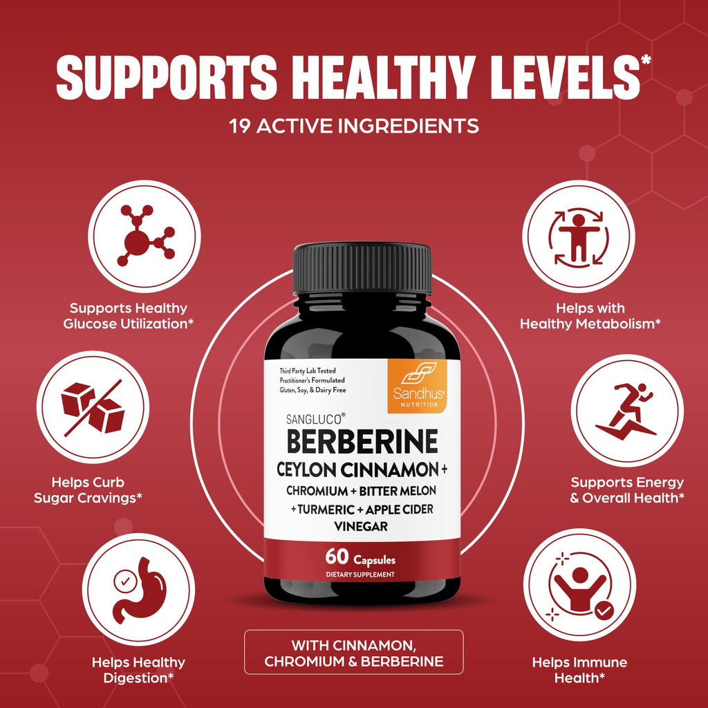 Sangluco Berberine Ceylon Cinnamon Chromium Turmeric Apple Cider Vinegar Bitter Melon Supplement | Supports Healthy Levels Already Within Normal Range | 180 Capsules