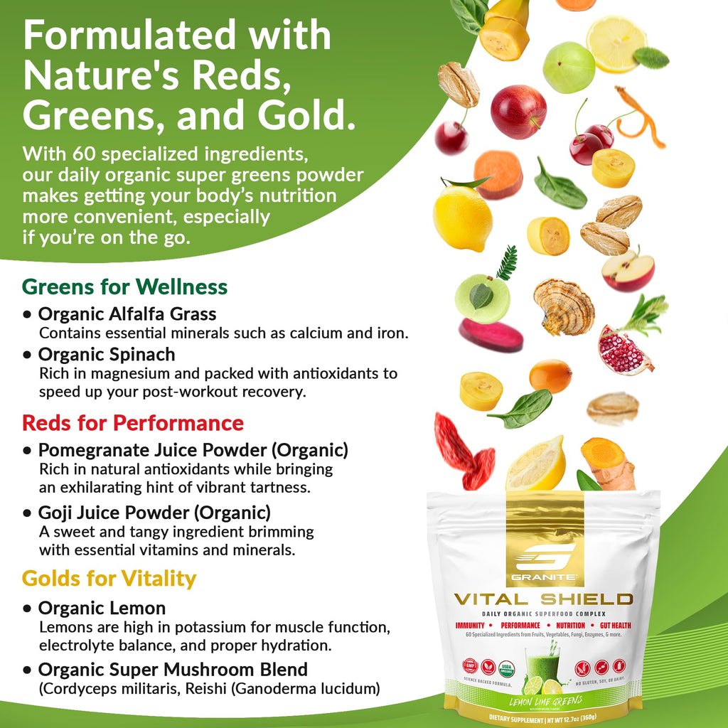 Granite Nutrition Vital Shield - USDA Organic Superfood Greens with Mushrooms & Tart Cherry – Supports Energy, Immune Function & Digestive Health – Lemon Lime Flavor (30 Servings)