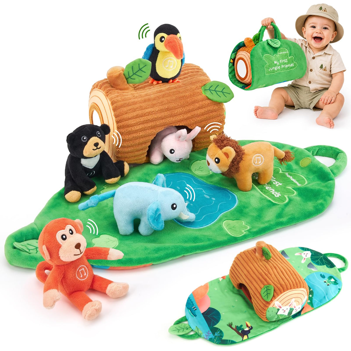 hahaland Baby Toys 6-12 Months, Jungle Plush Animal Set with Sounds & Words