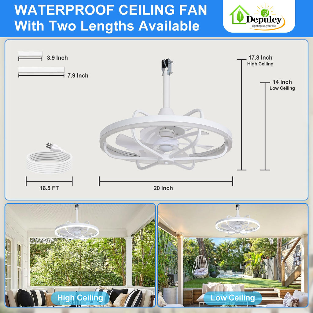 Depuley 20" Outdoor Ceiling Fan with Lights, White Waterproof Gazebo Hanging Fan with Remote App Control, Dimmable Plug in Caged outdoor Ceiling Fans for patios Porch 6-Speeds