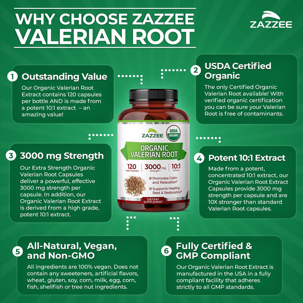Zazzee USDA Organic Valerian Root 10:1 Extract, 3000 mg Strength, 120 Vegan Capsules, 4 Month Supply, Valeriana officinalis, 10X Potency, 100% Vegetarian, All-Natural, Non-GMO, Made in the USA