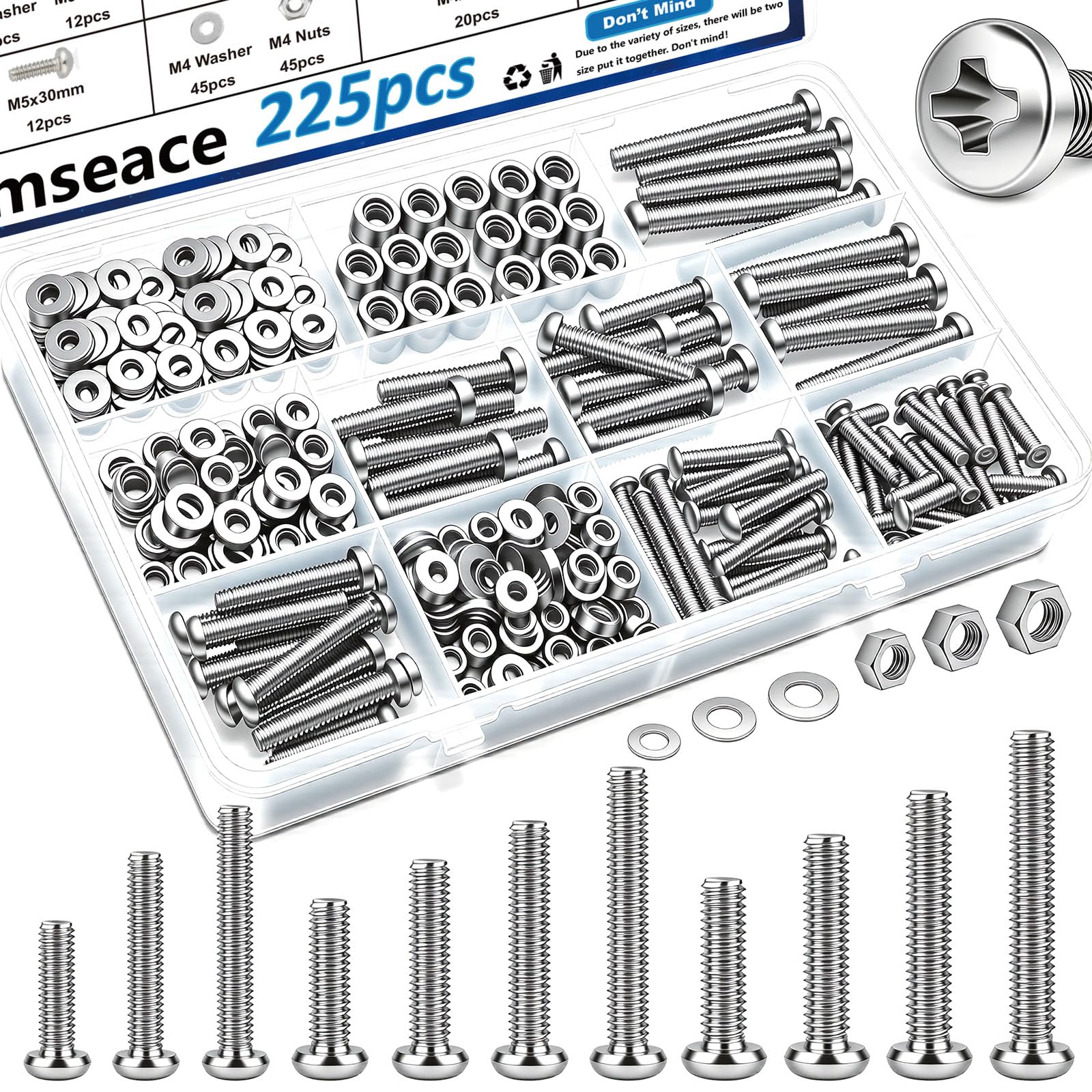 smseace 225Pcs Silver Nuts and Bolts Assortment Kit 12-Sizes M4/M5/M6 Nut Bolt Washer Assortment Kit for Machinery, Furniture, Automotive, Motorcycle Repairs