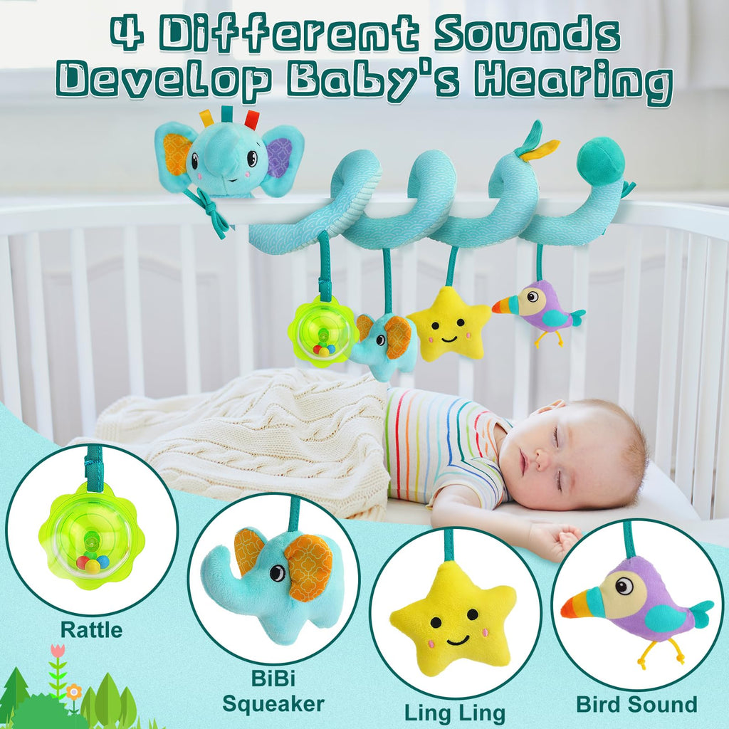 FPVERA Spiral Car Seat Activity Toy, Stroller Arch Baby Crib Hanging Toy with Rattle, Squeaky, Ringing Bell for Bassinet, Stroller, Crib for Infant Newborn Boy Girl Ages 0-12 Months