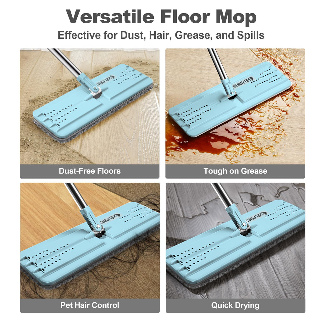 JOYMOOP Flat Mop, Microfiber Mops for Floor Cleaning and Wall Cleaner, 50" Mops with 13" Flat Head with a Microfiber Mop Pad - Pale Aqua