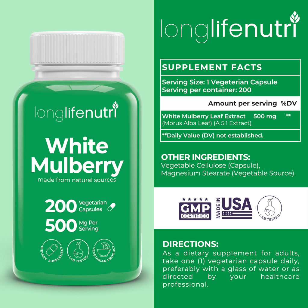 White Mulberry Leaf Extract 500mg - Sourced from Morus Alba Leaf, 200 Vegetarian Capsules, Supplement for Natural Balance and Wellness, 200-Day Supply, GMP Certified, Made in USA
