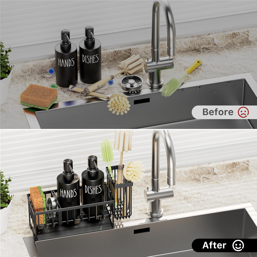 MASADI Kitchen Dish Soap Dispenser Set with Sponge Holder, 12OZ Glass Bottle, Hand and Dish Soap Dispenser Set, Non-Slip Silicone Pad, Brush Holder, Kitchen Sink Organizer Countertop (Black)