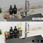 MASADI Kitchen Dish Soap Dispenser Set with Sponge Holder, 12OZ Glass Bottle, Hand and Dish Soap Dispenser Set, Non-Slip Silicone Pad, Brush Holder, Kitchen Sink Organizer Countertop (Black)