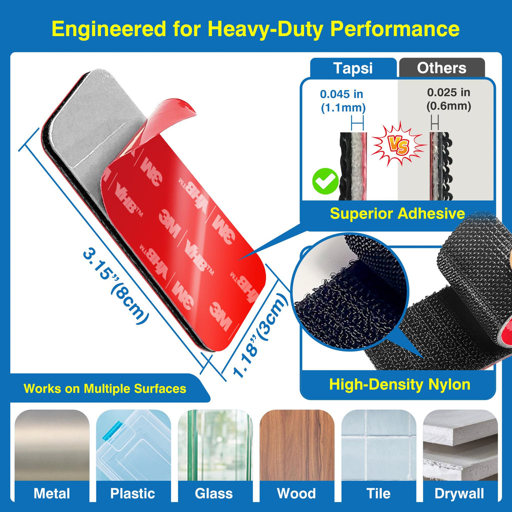 8 Sets Heavy-Duty Adhesive Hook and Loop Strips, 1.2" × 3.2"