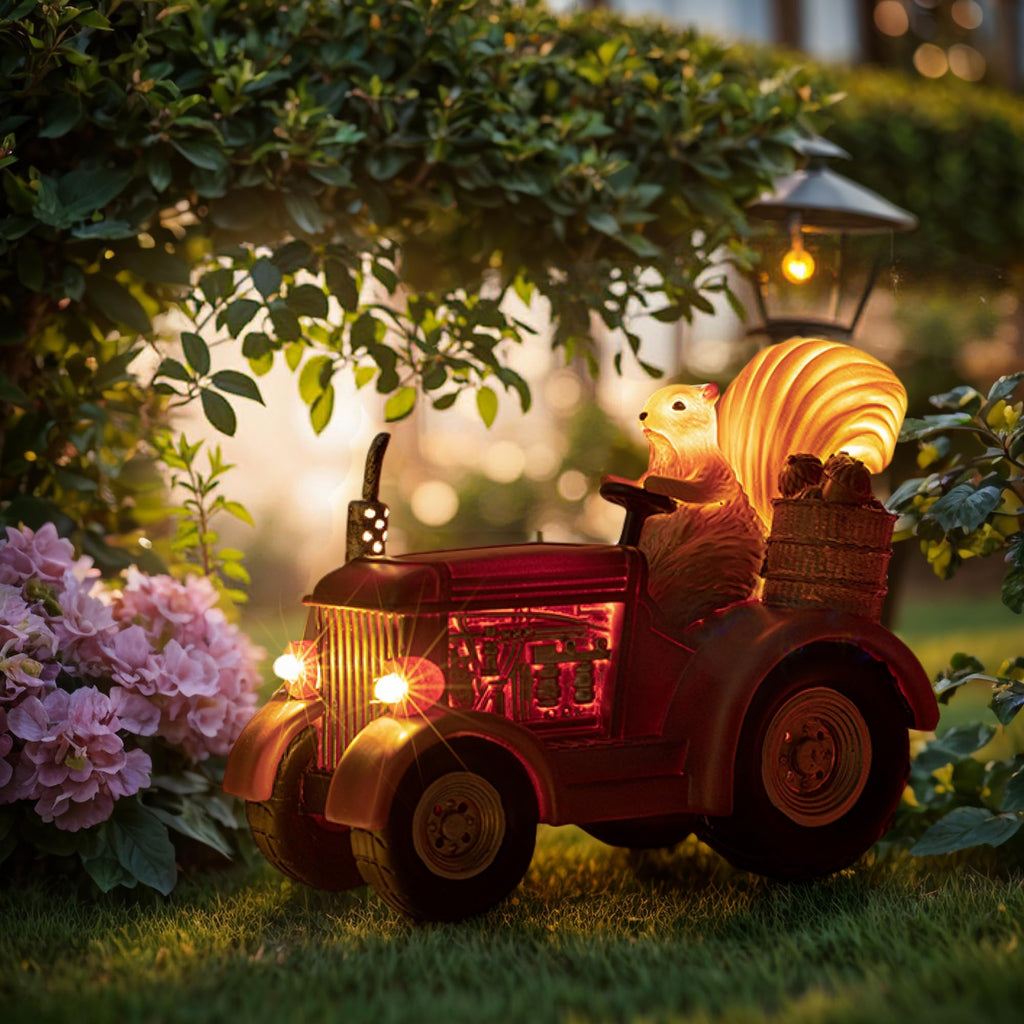 YUETJIN Solar Lighted Squirrel's Farm Tractor Statue